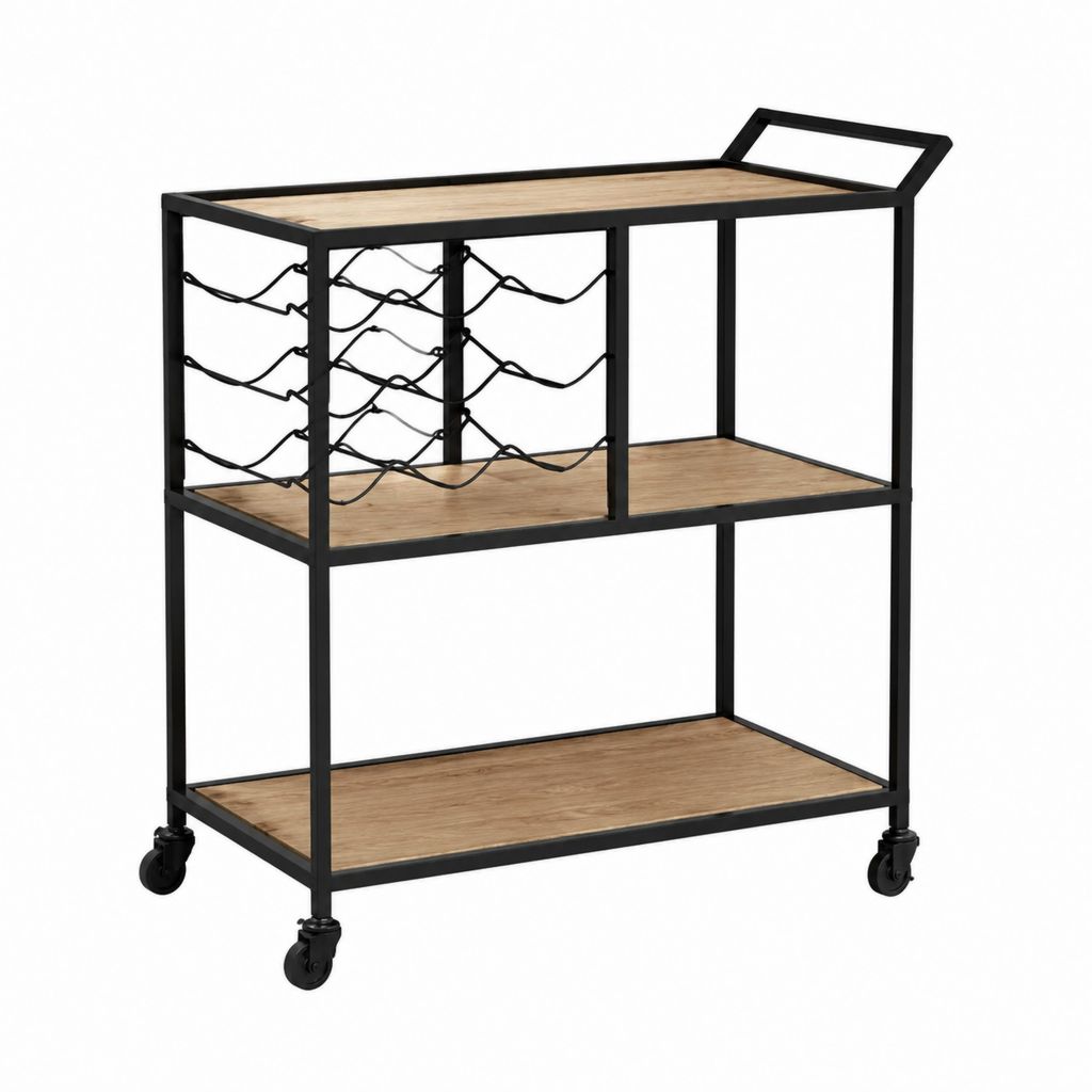 Desserte de cuisine à roulettes noire et chêne en acier et MDF 80 x 40 x 85 cm avec porte-bouteilles 9 bouteilles