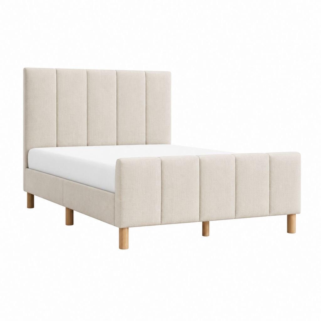 Lit double capitonné beige en polyester avec pieds en hévéa massif 160 x 200 cm