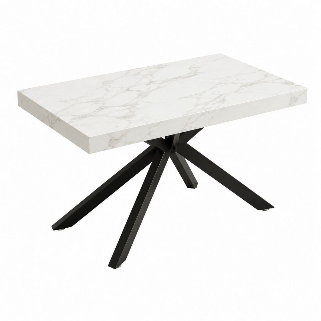 Table à manger rectangulaire blanche effet marbre avec piètement acier noir 180 x 90 x 75 cm