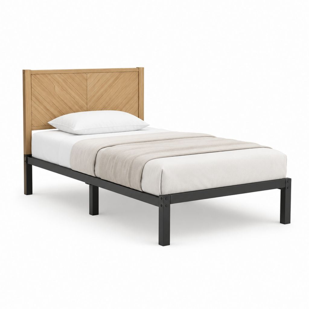 Lit simple cadre de lit noir en acier avec tête de lit aspect chêne 90 x 190 cm