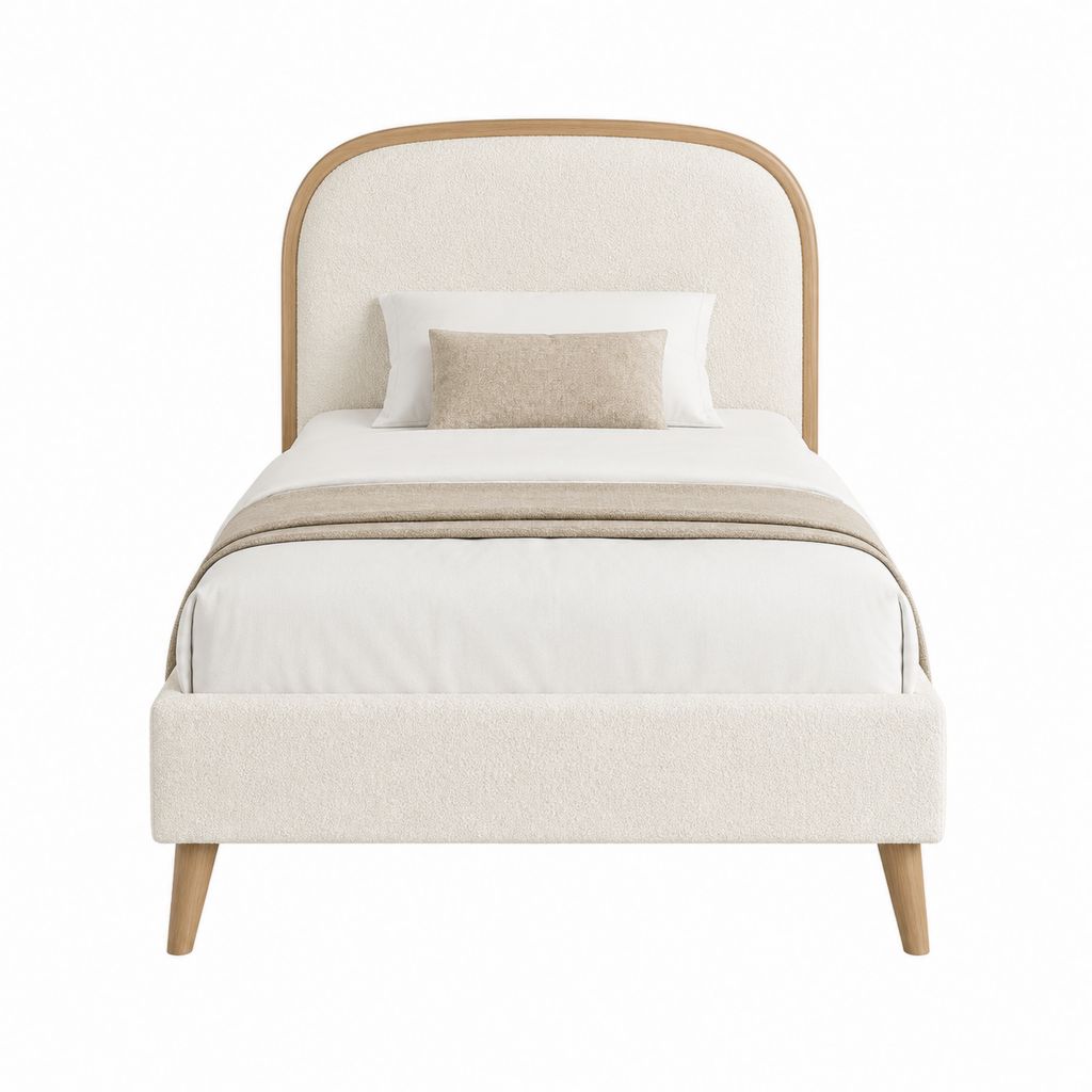 Lit double 140 x 200 cm beige en polyester bouclette avec cadre en bois massif