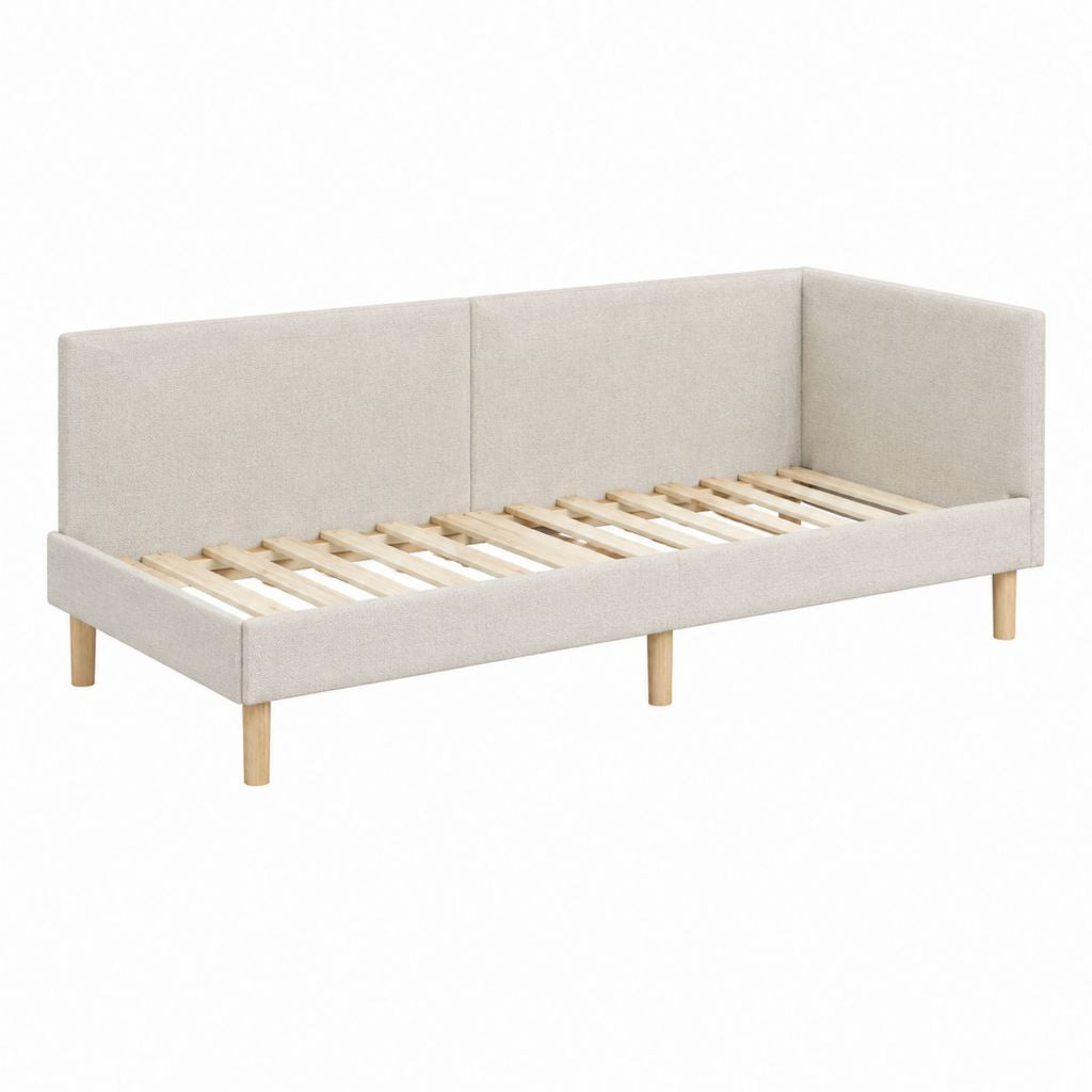 Cadre de lit simple rectangulaire beige en polyester et pin 90 x 200 cm