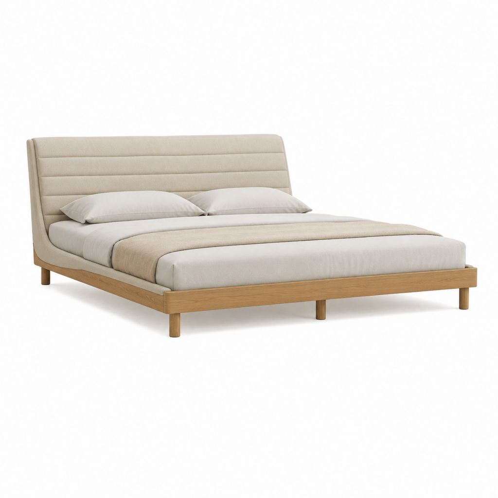Lit double 160 x 200 cm beige avec cadre en chêne massif et tête de lit rembourrée