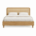 Lit double 160 x 200 cm en bois massif naturel avec tête de lit en rotin
