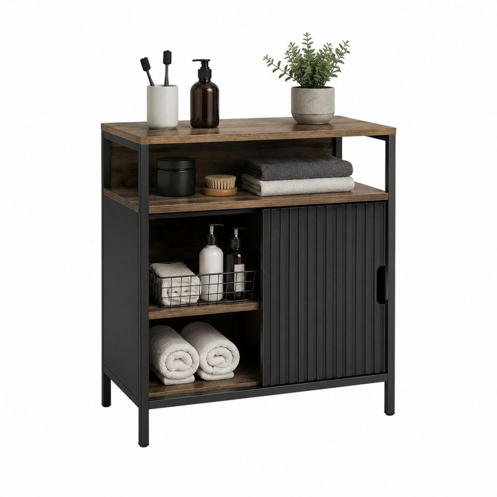 Meuble de salle de bain de rangement noir et brun en panneaux de particules et acier 80 x 30 x 90 cm