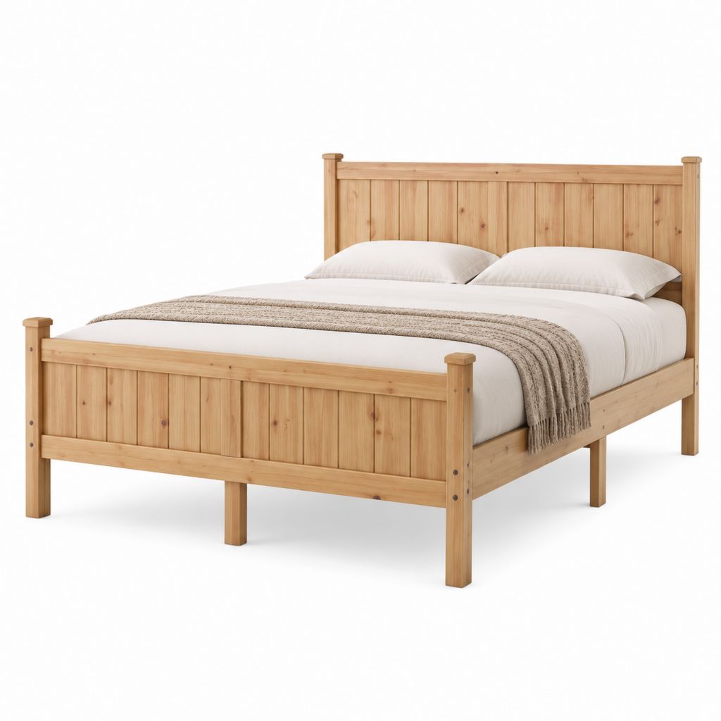 Lit double en pin massif naturel 160 x 200 cm avec tête et pied de lit à panneaux