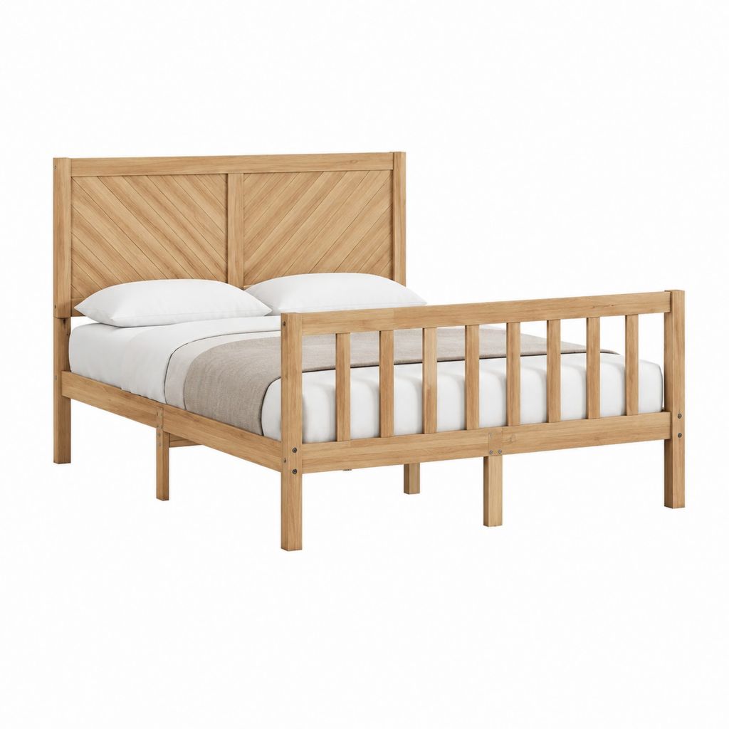 Cadre de lit double naturel en pin massif rectangulaire 140 x 190 cm