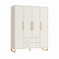 Armoire de chambre 4 portes 2 tiroirs blanc et doré en panneaux MDF 160 x 55 x 200 cm