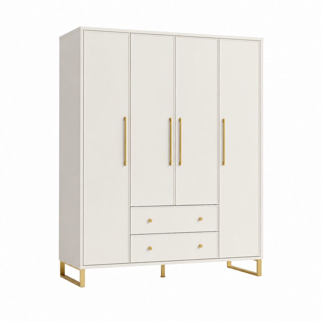 Armoire de chambre 4 portes 2 tiroirs blanc et doré en panneaux MDF 160 x 55 x 200 cm