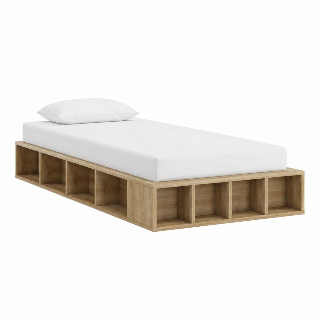 Lit simple avec rangement chêne clair en panneaux de particules 90 x 200 cm