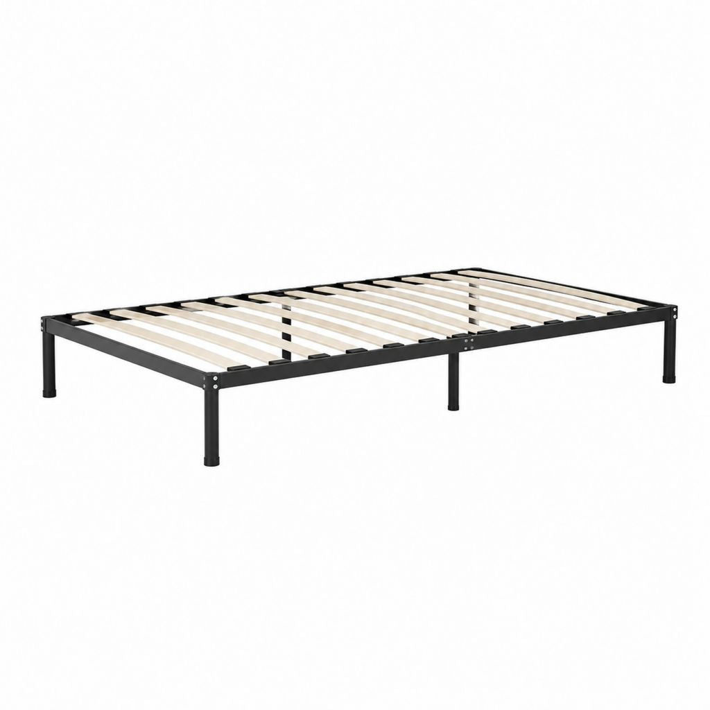 Cadre de lit double 180 x 200 cm noir en acier avec sommier à lattes en peuplier
