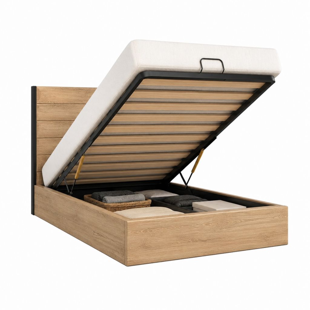 Lit coffre 160 x 200 cm chêne clair avec sommier relevable en acier