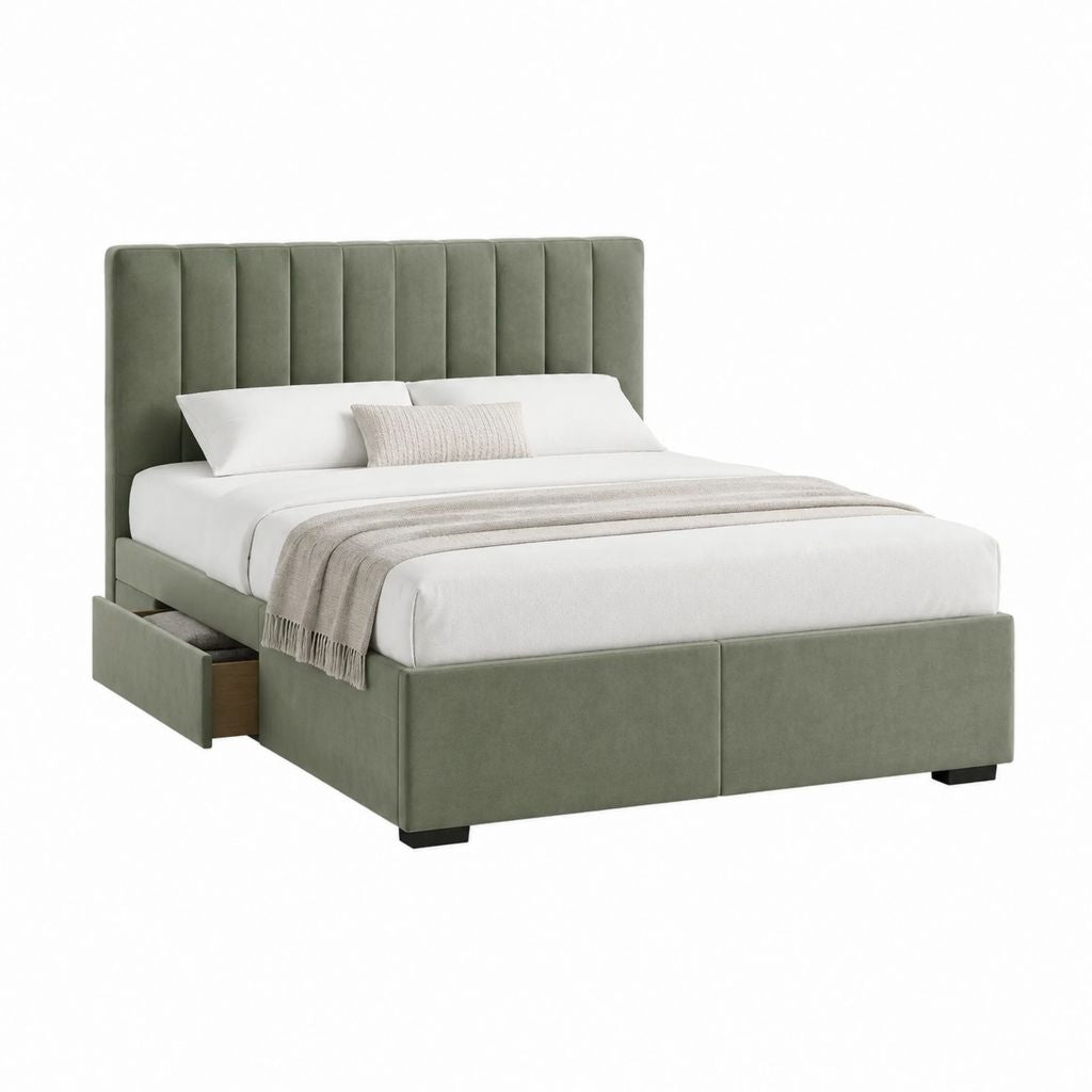 Lit double avec tiroir vert en polyester aspect velours rectangulaire 160 x 200 cm
