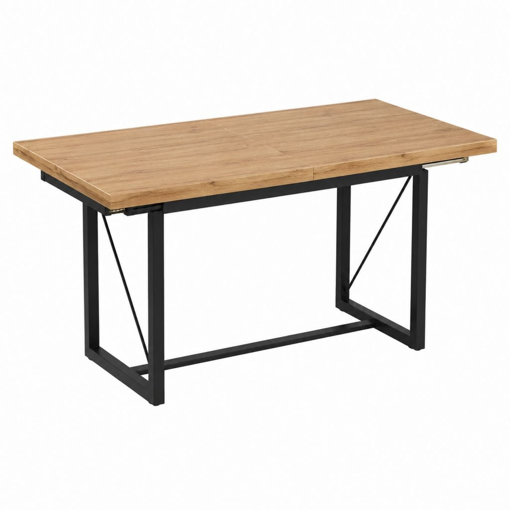 Table à manger extensible rectangulaire en MDF plaqué chêne et acier noir 160-200 x 90 x 76 cm