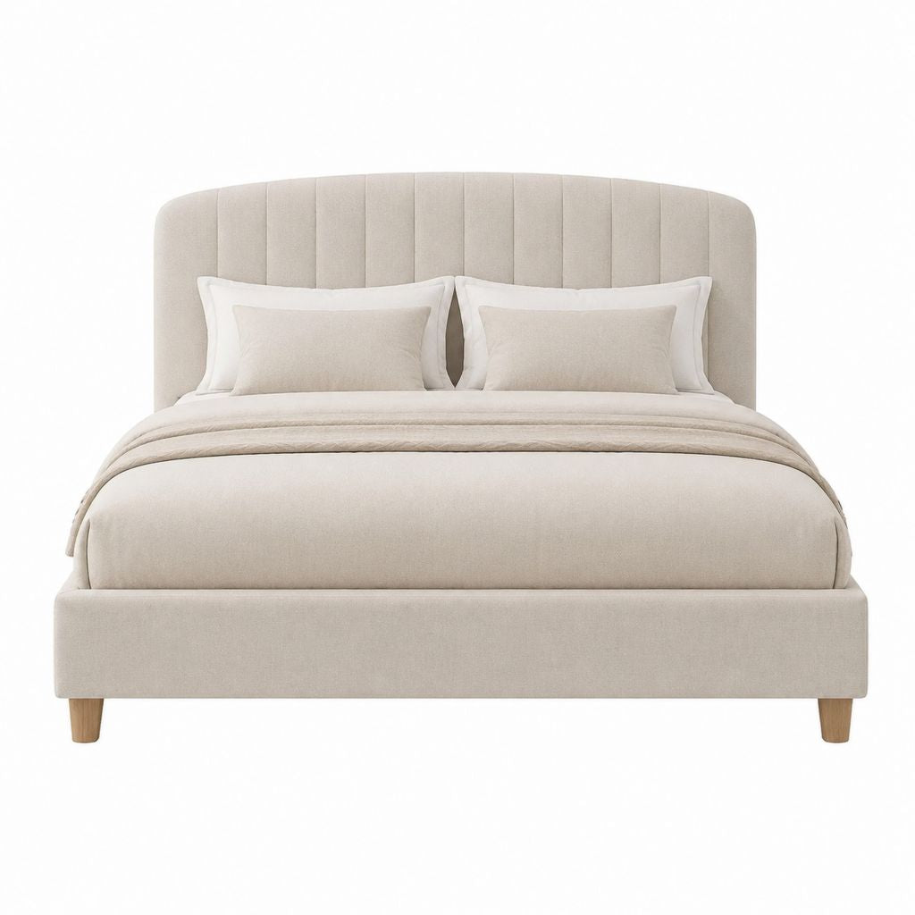 Lit adulte avec cadre capitonné beige en polyester 160 x 200 cm