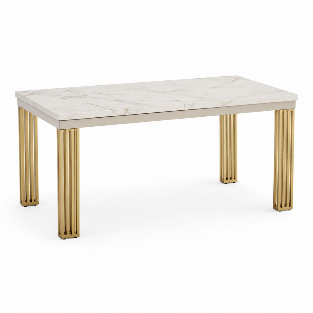 Table à manger rectangulaire blanc marbré et doré en MDF et acier inoxydable 160 x 90 x 75 cm